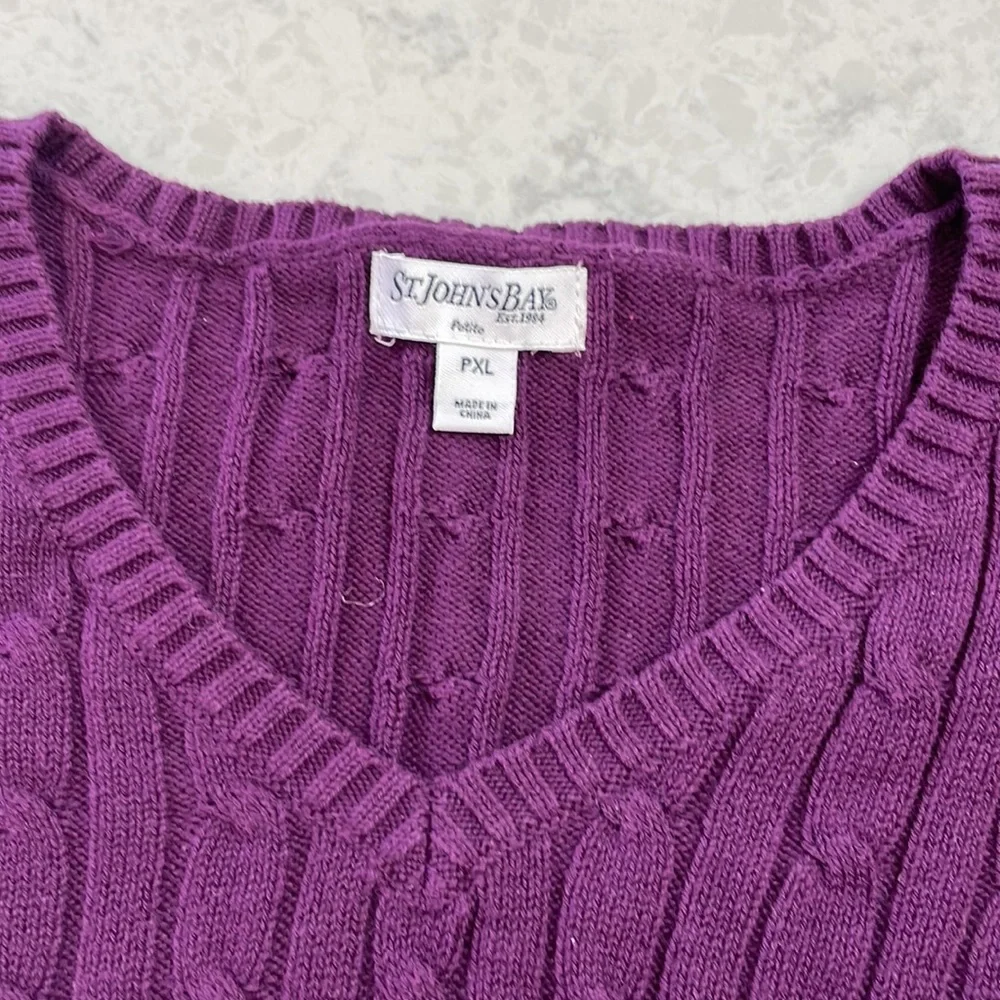 Purple St. John’s Bay PXL cotton blend cable knit V-neck sweater - Picture 2 of 5